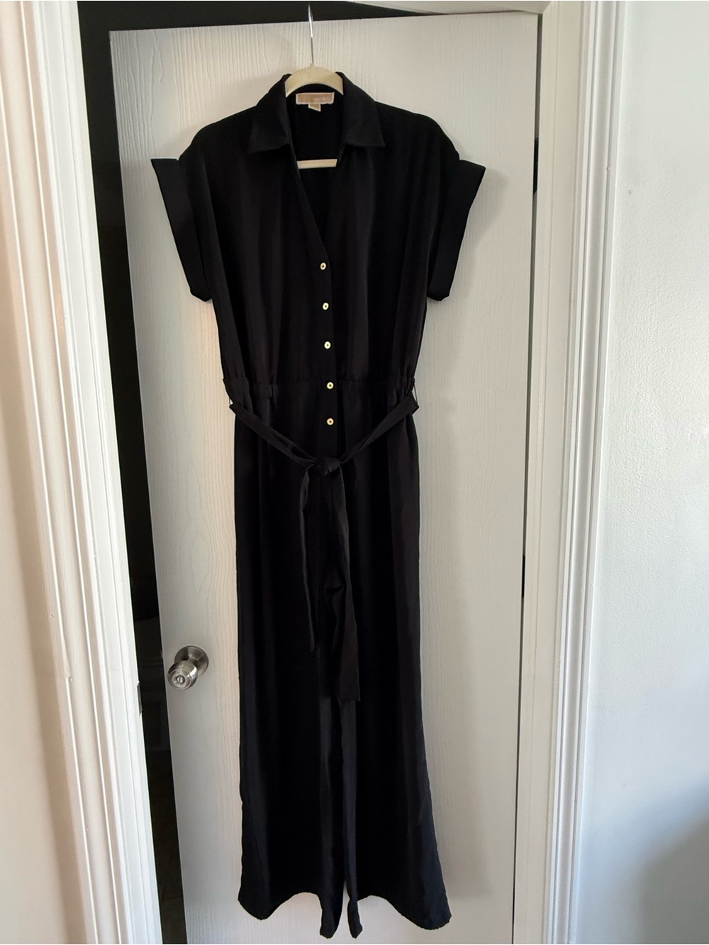 Michael Kors Black Short-Sleeve Maxi Jumpsuit with Tie Waist
